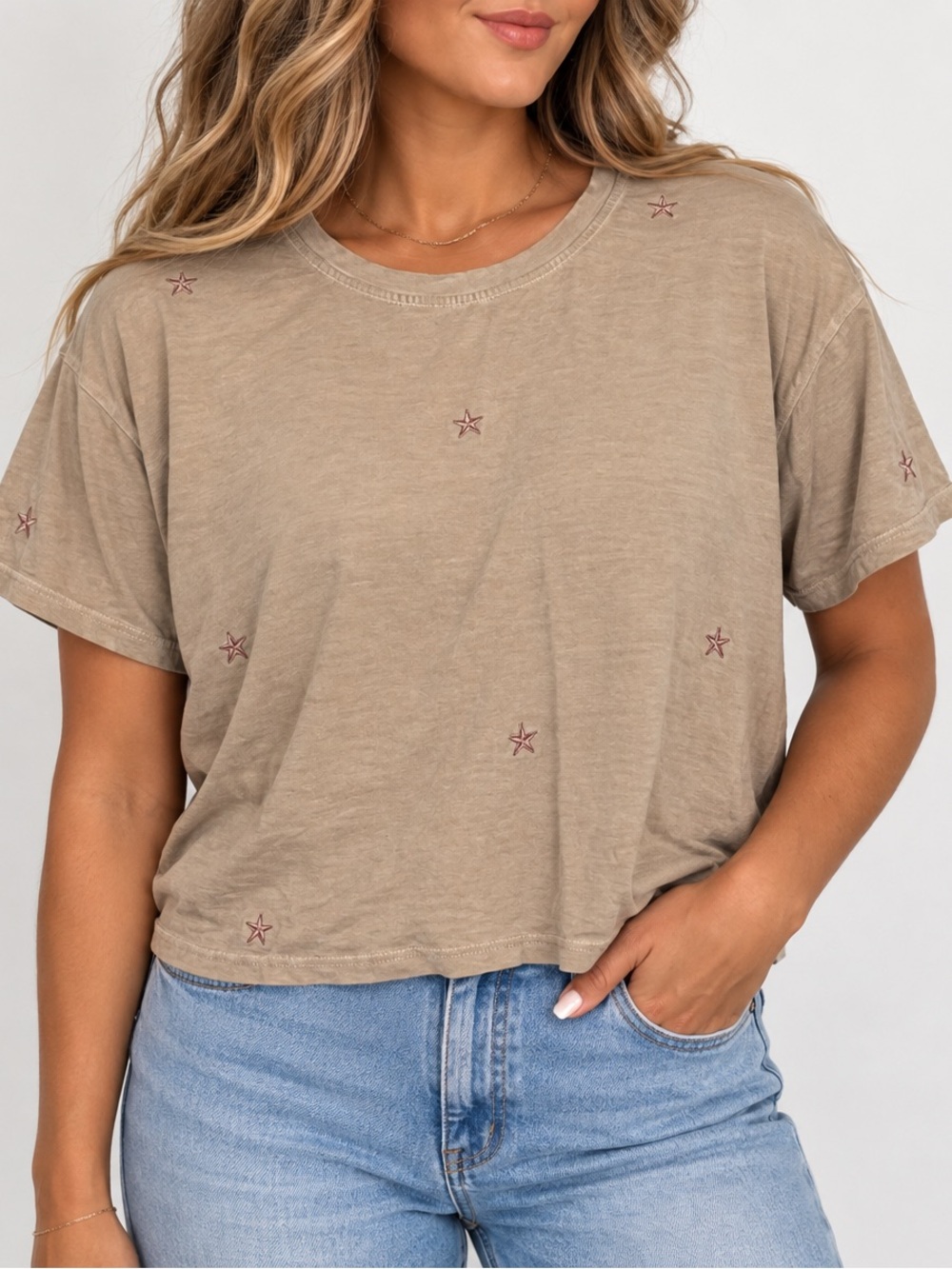 Storia Taupe Star Embroidered Tee - Women